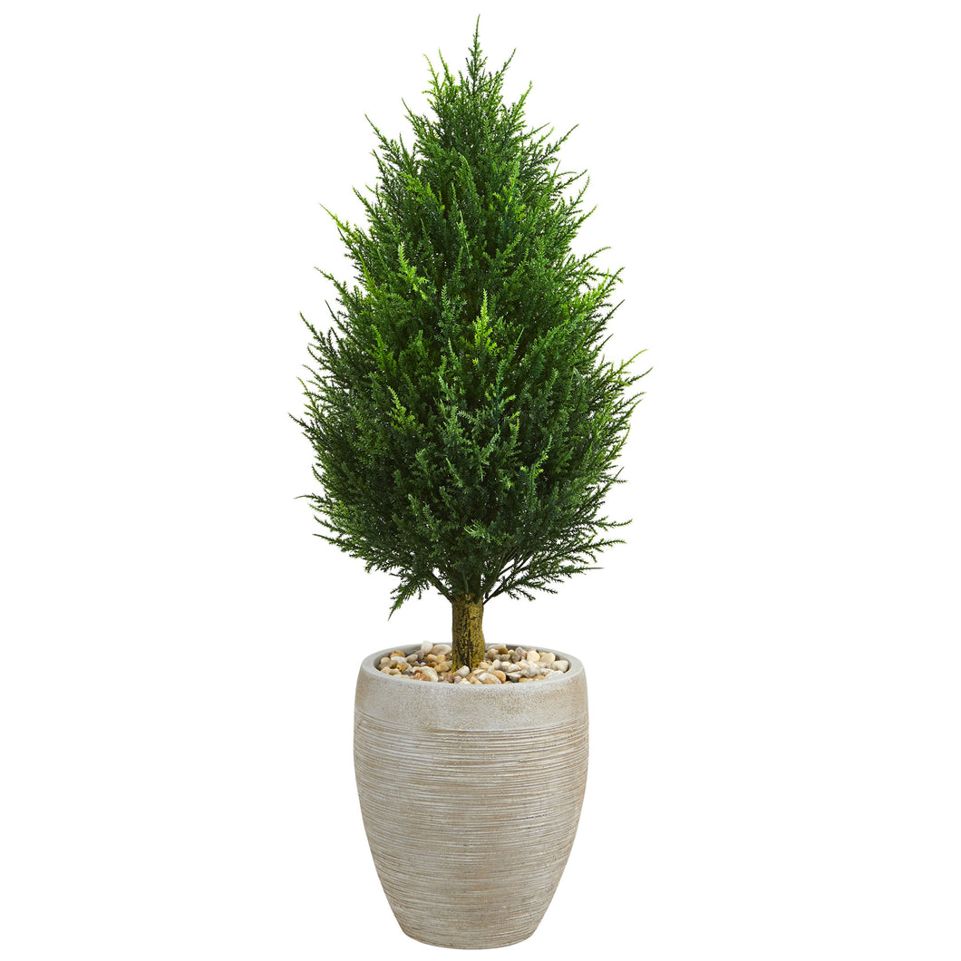 40' Cypress Cone Artificial Tree in Sand Colored Oval Planter UV Resistant