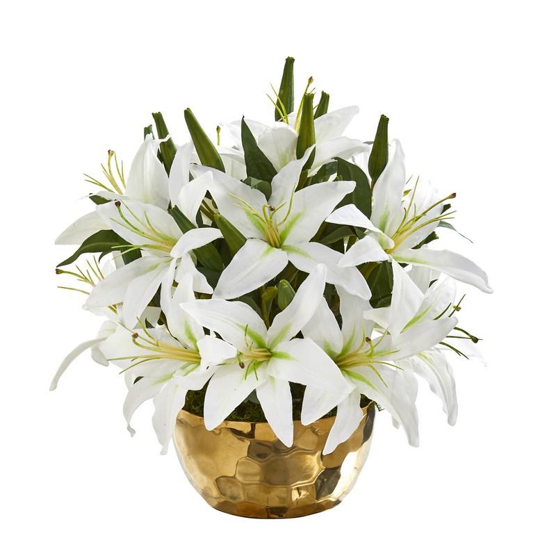 Lily Artificial Arrangement in Gold Vase