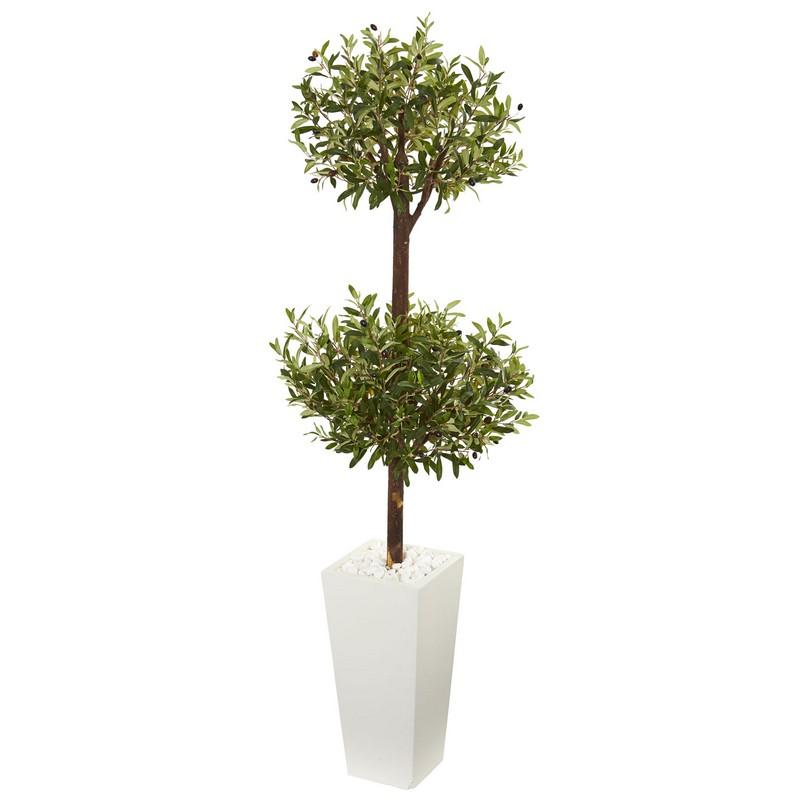 5.5' Olive Artificial Double Topiary Tree in White Tower Planter