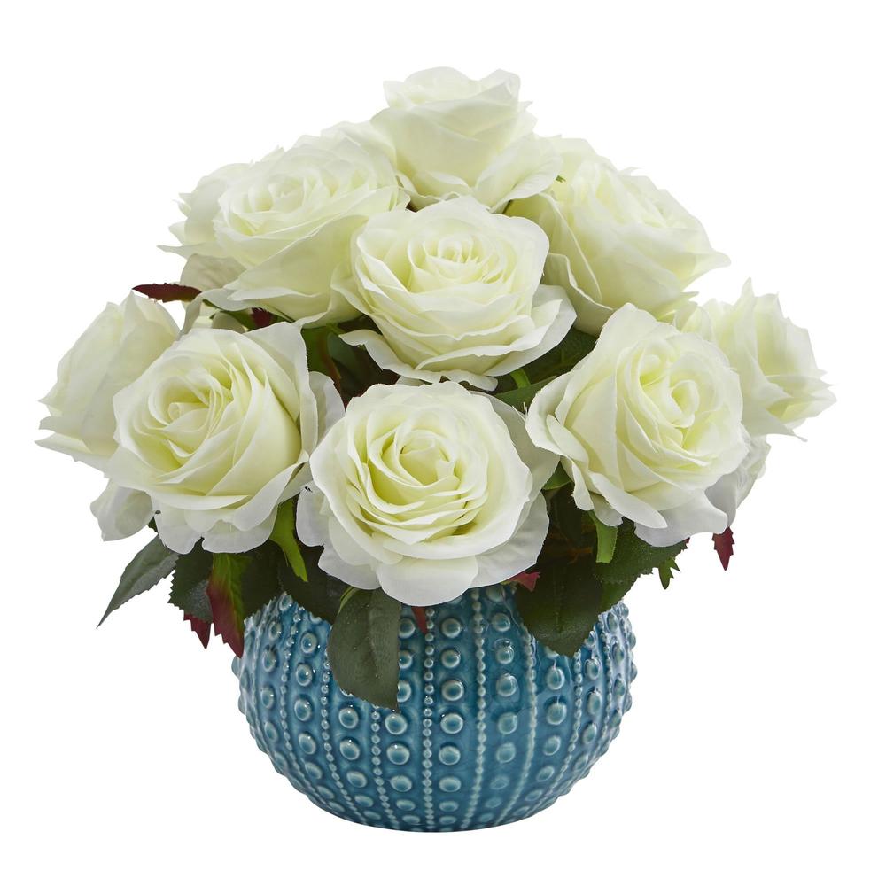 11.5'' Rose Artificial Arrangement in Blue Ceramic Vase