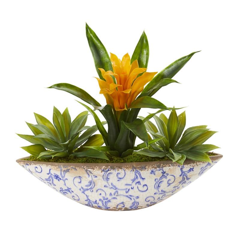 Bromeliad and Agave Artificial Plant in Floral Planter