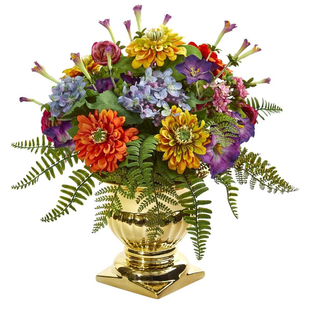 14'' Mixed Floral Artificial Arrangement in Gold Urn