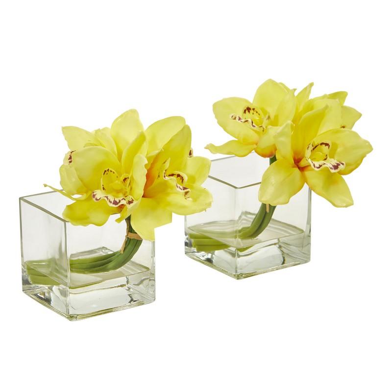 Cymbidium Orchid Artificial Arrangement In Glass Vase (Set Of 2)