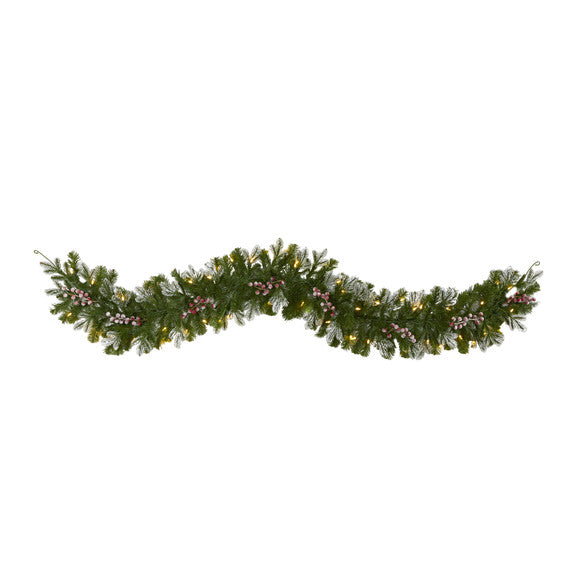6' Snow Tipped Artificial Christmas Garland w/50 Warm White LED Lights,Berries
