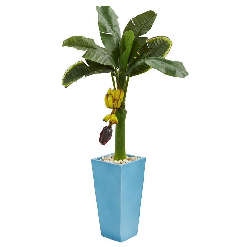4' Banana Artificial Tree in Turquoise Tower Vase