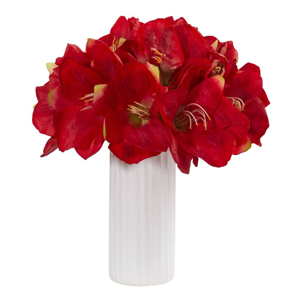Nearly Natural Amaryllis Artificial Arrangement In White Vase 1860-RD