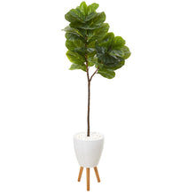 Load image into Gallery viewer, 69&quot; Fiddle Leaf Artificial Tree in White Planter with Stand
