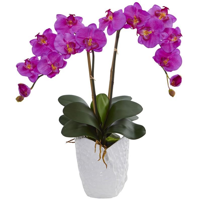 Double Phalaenopsis Orchid Artificial Arrangement in White Vase