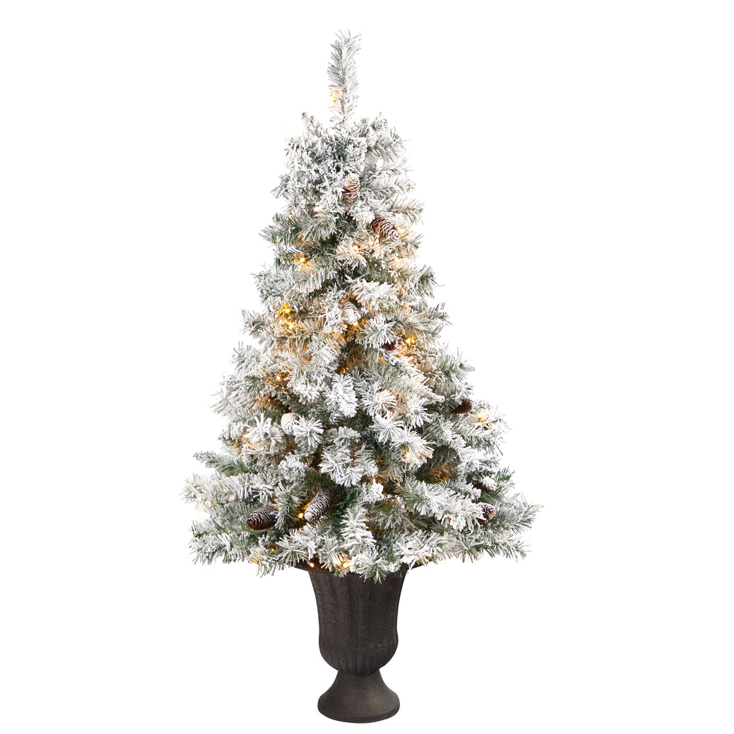 4.5' Flocked White River Mountain Pine Artificial Christmas Tree w/ Pinecones