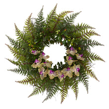 Load image into Gallery viewer, 23&quot; Fern and Phalaenopsis Orchid Artificial Wreath

