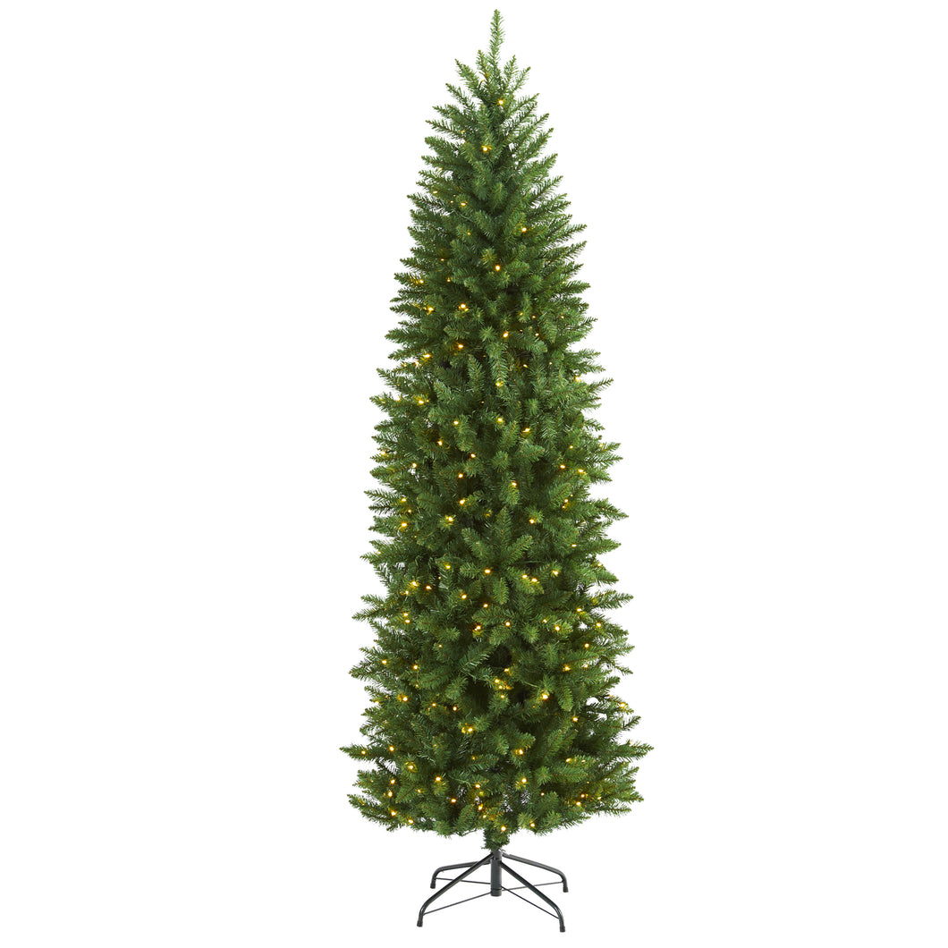 6.5' Slim Green Mountain Pine Artificial Christmas Tree w/ 300 Clear LED Lights