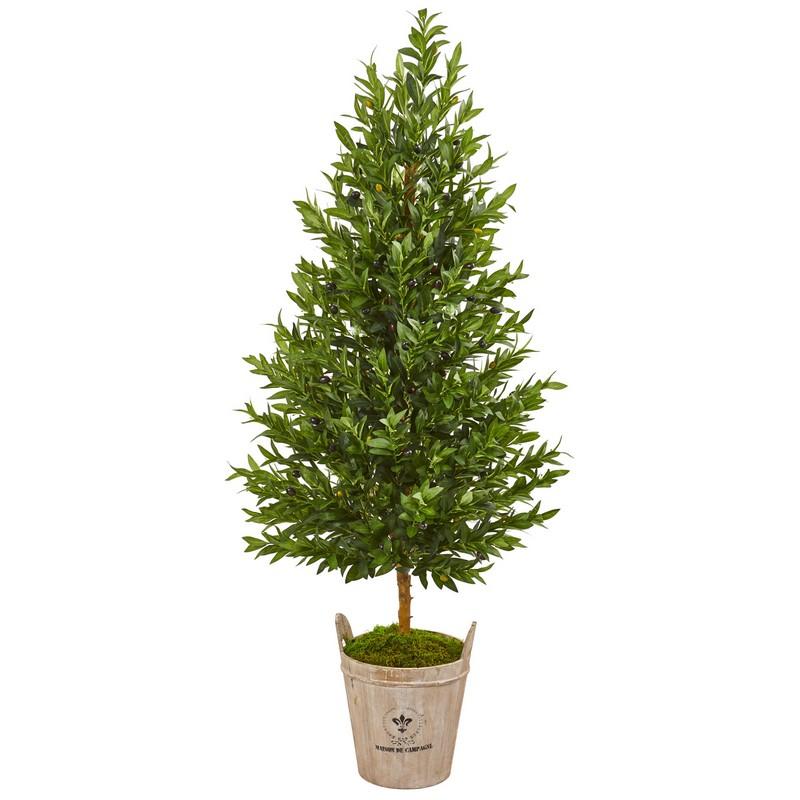 5' Olive Cone Topiary Artificial Tree in Farmhouse Planter
