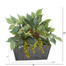 Load image into Gallery viewer, 14&quot; Mixed Ficus and Fittonia Artificial Plant in Embossed Tin Planter
