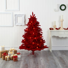 Load image into Gallery viewer, 5&#39; Red Flocked Fraser Fir Artificial Christmas Tree w/ 250 Red Lights

