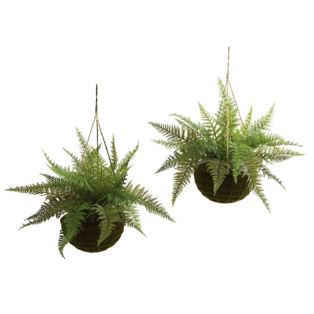 Nearly Natural Leather Fern W/Mossy Hanging Basket (Indoor/Outdoor) (Set Of 2)