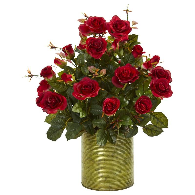 Garden Rose Artificial Arrangement in Metal Planter