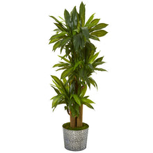 Load image into Gallery viewer, 58&quot; Corn Stalk Dracaena Artificial Plant in Black Embossed Tin Planter
