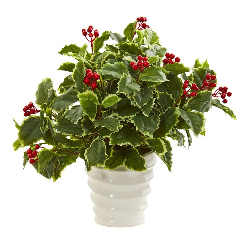 Variegated Holly Artificial Plant in White Vase (Real Touch)