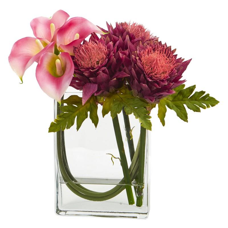 12'' Calla Lily and Artichoke in Rectangular Glass Vase Artificial Arrangement