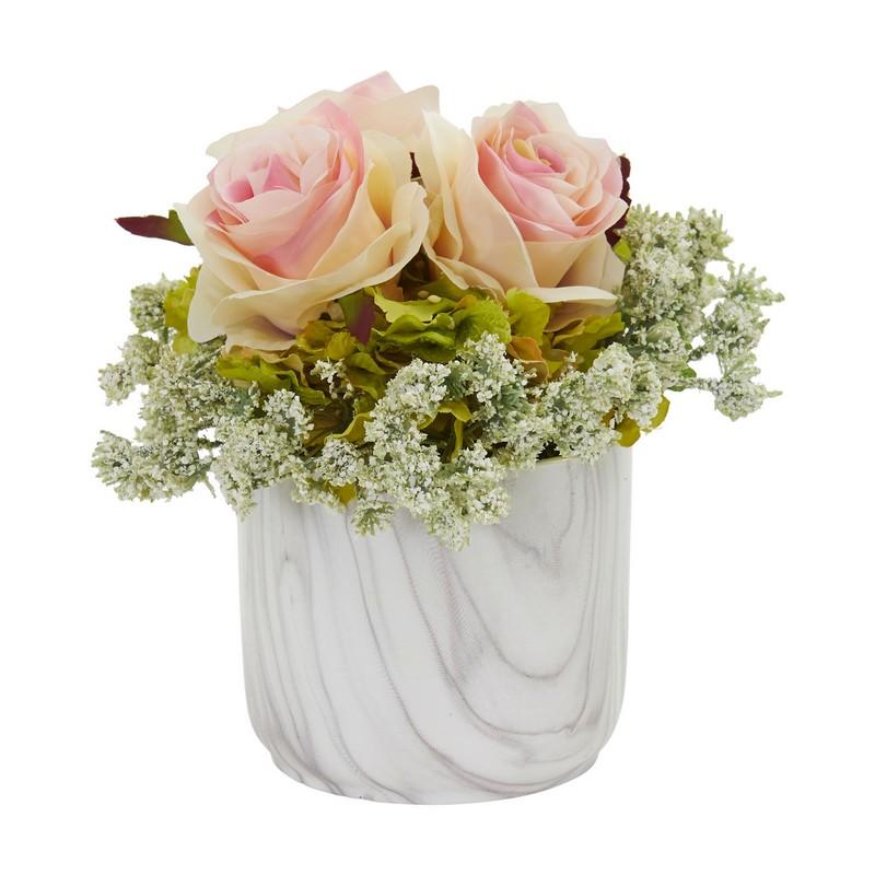 Rose and Hydrangea Artificial Arrangement in Marble Finished Vase