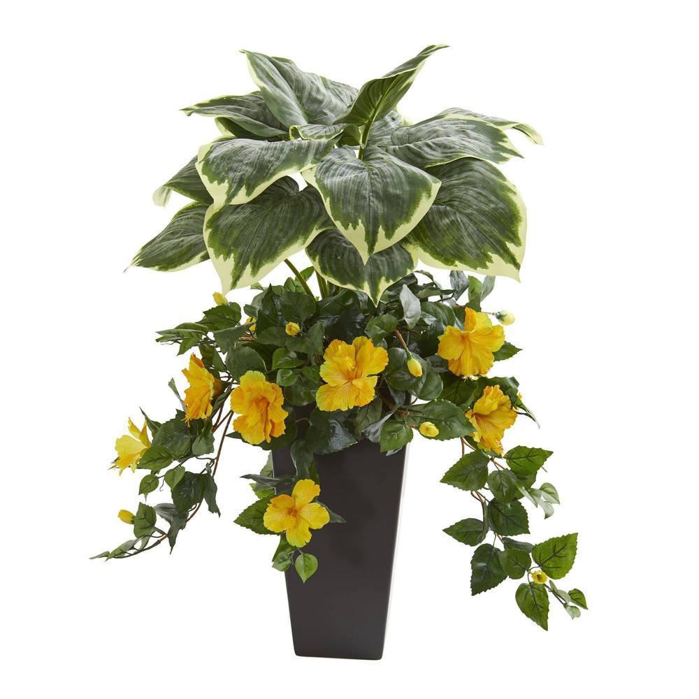 32' Hosta and Hibiscus Artificial Plant in Black Vase