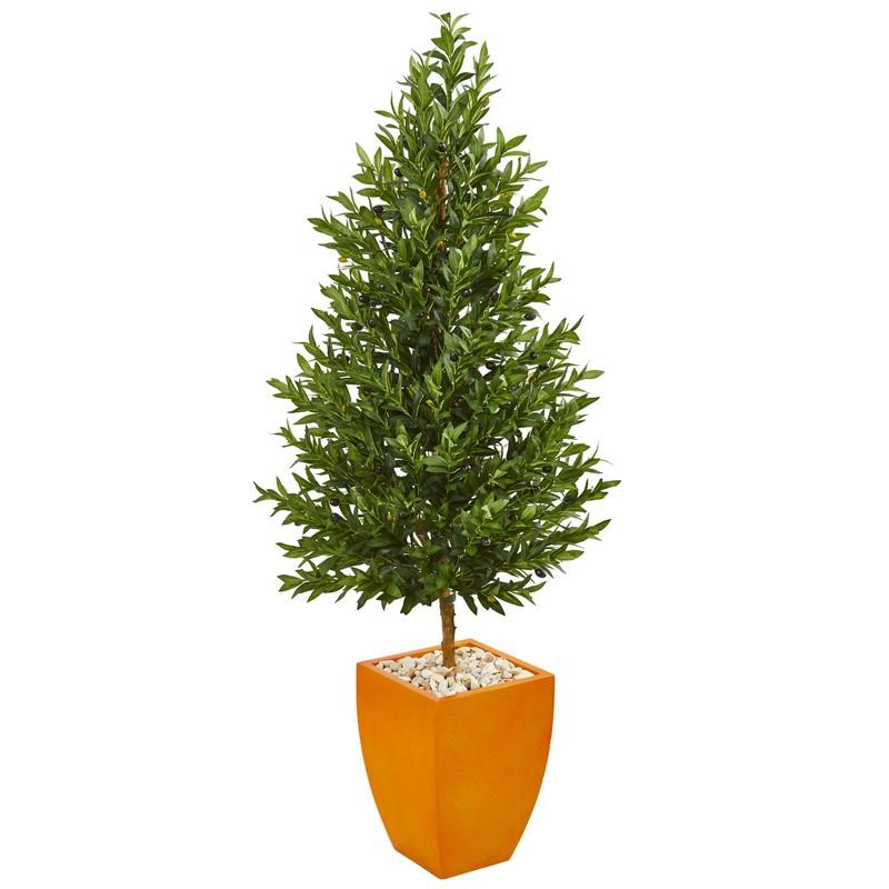 5.5' Olive Cone Topiary Artificial Tree in Orange Planter UV Resistant