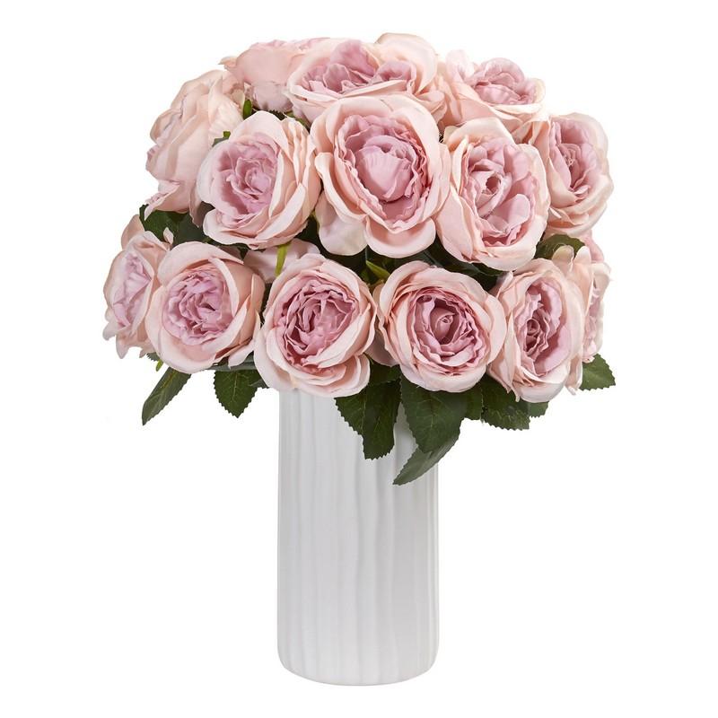 Rose Artificial Arrangement In White Vase 1861-PK By Nearly Natural