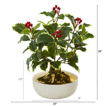 Load image into Gallery viewer, 14&quot; Variegated Holly Leaf Artificial Plant in Gold and Cream Elegant Vase
