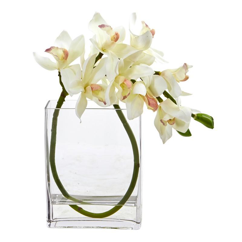 Cymbidium Orchid Artificial in Glass Vase