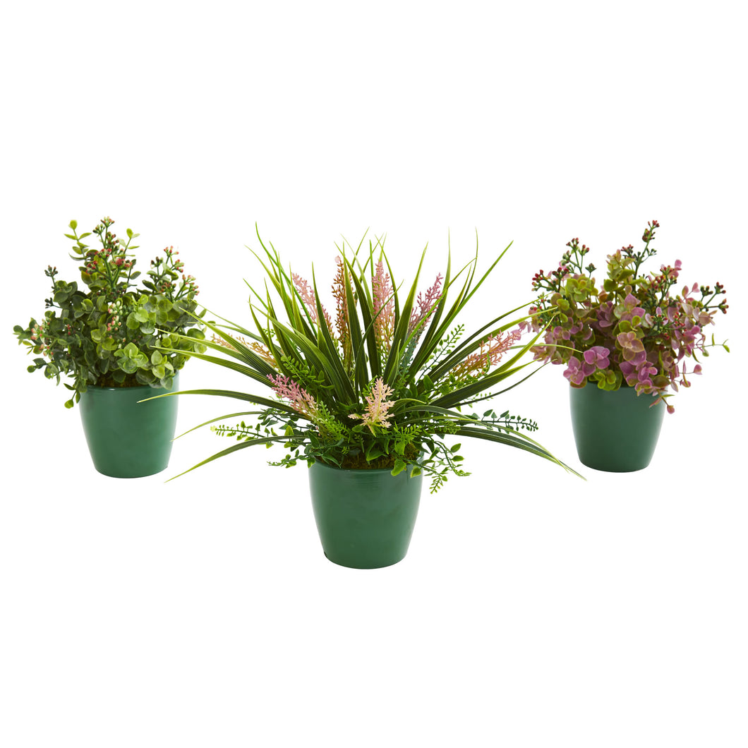 Eucalyptus, Grass and Sedum Artificial Plant in Green Planter (Set of 3)