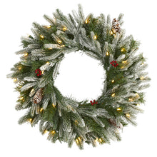 Load image into Gallery viewer, 24&quot; Snowed Artificial Christmas Wreath w/50 Warm White LED Lights and Pine Cone
