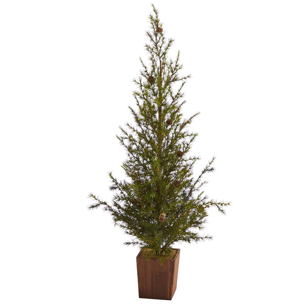 4' Alpine 'Natural Look' Artificial Christmas Tree in Wood Planter w/ Pine Cones