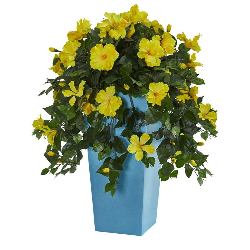 31'' Hibiscus Artificial Plant in Turquoise Tower Vase