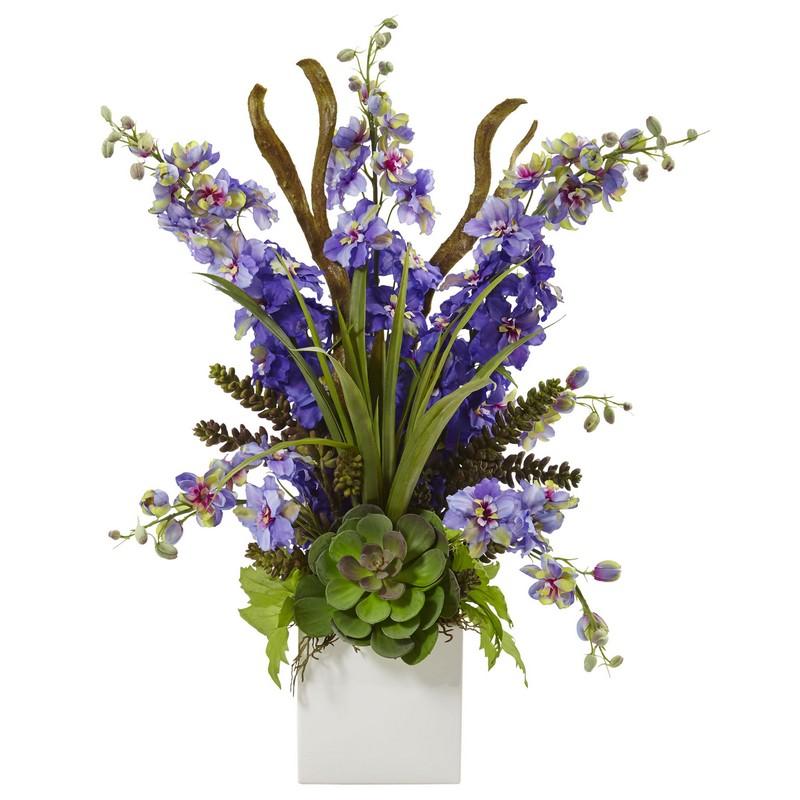 Delphinium and Succulent Arrangement