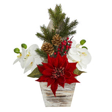 Load image into Gallery viewer, 15&quot; Poinsettia and Orchid Artificial Arrangement in Christmas Tree Vase
