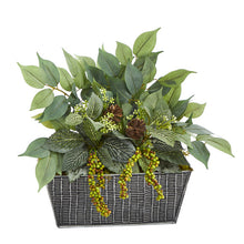 Load image into Gallery viewer, 14&quot; Mixed Ficus and Fittonia Artificial Plant in Embossed Tin Planter
