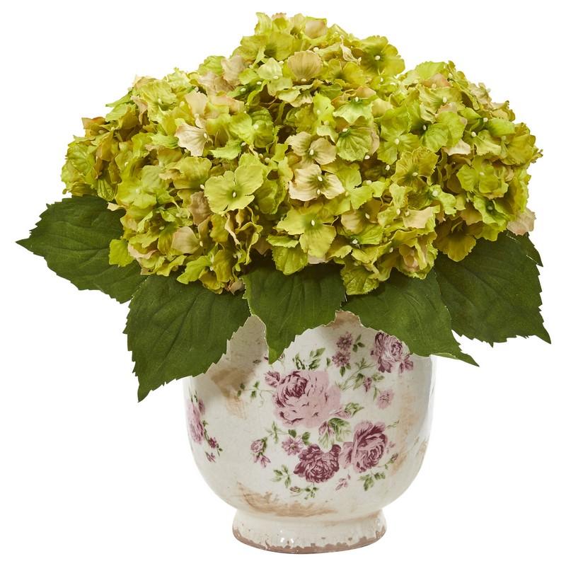 Giant Hydrangea Artificial Arrangement in Floral Printed Vase