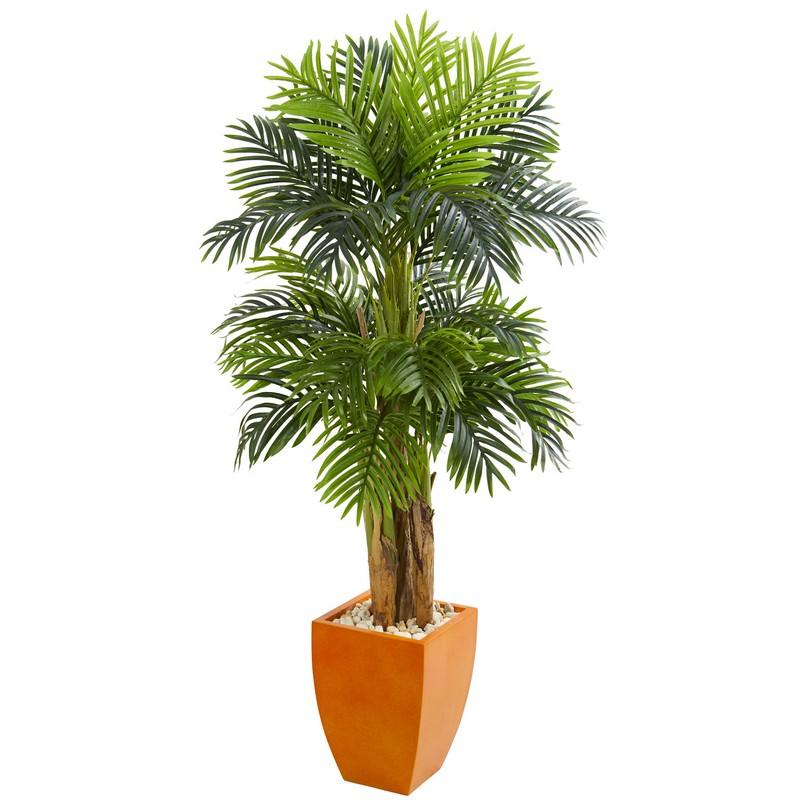 Triple Areca Palm Artificial Tree In Orange Planter 5669 By Nearly Natural