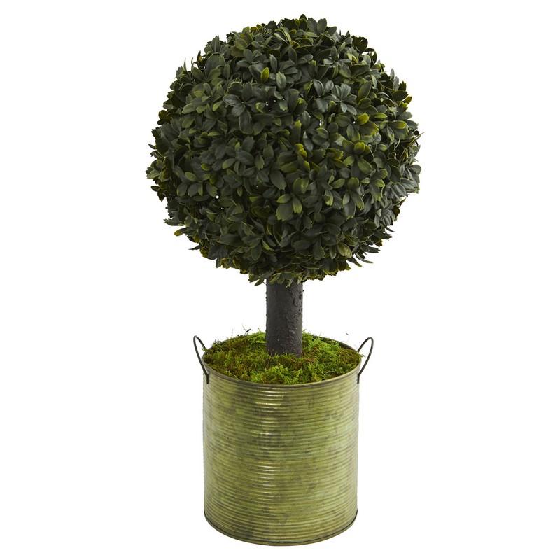 1.5' Boxwood Ball Topiary Artificial Tree in Green Tin (Indoor/Outdoor)