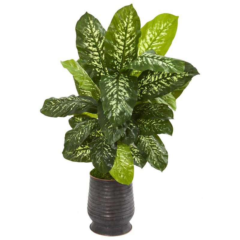 4' Dieffenbachia Artificial Plant in Ribbed Metal Planter (Real Touch)