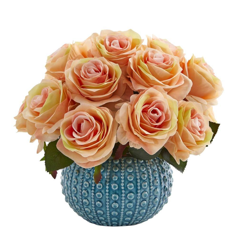 11.5'' Rose Artificial Arrangement in Blue Ceramic Vase