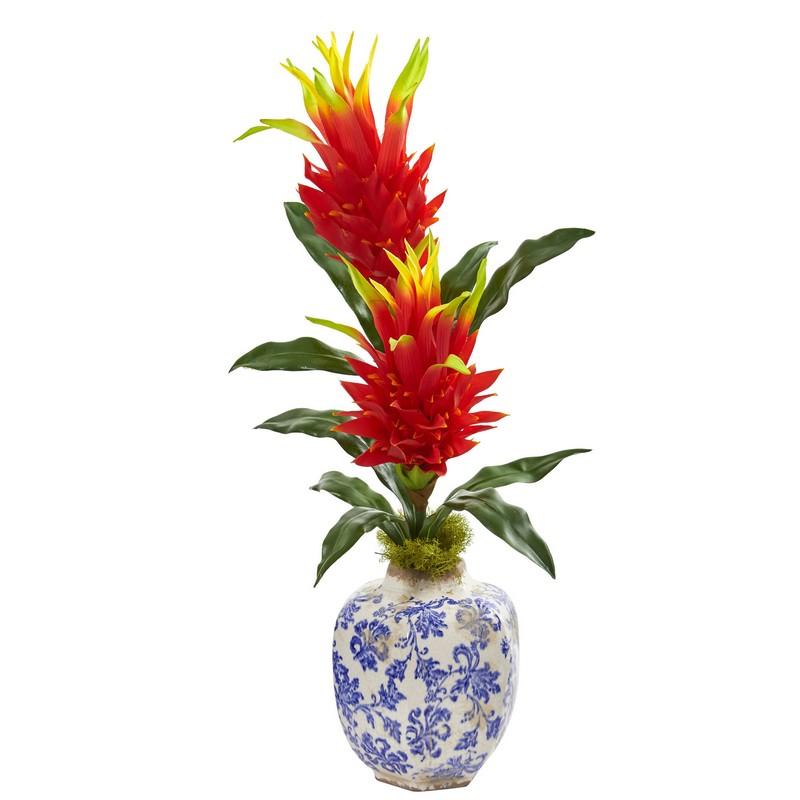 29' Dragon Fruit Flower Artificial Plant in Marine Print Vase