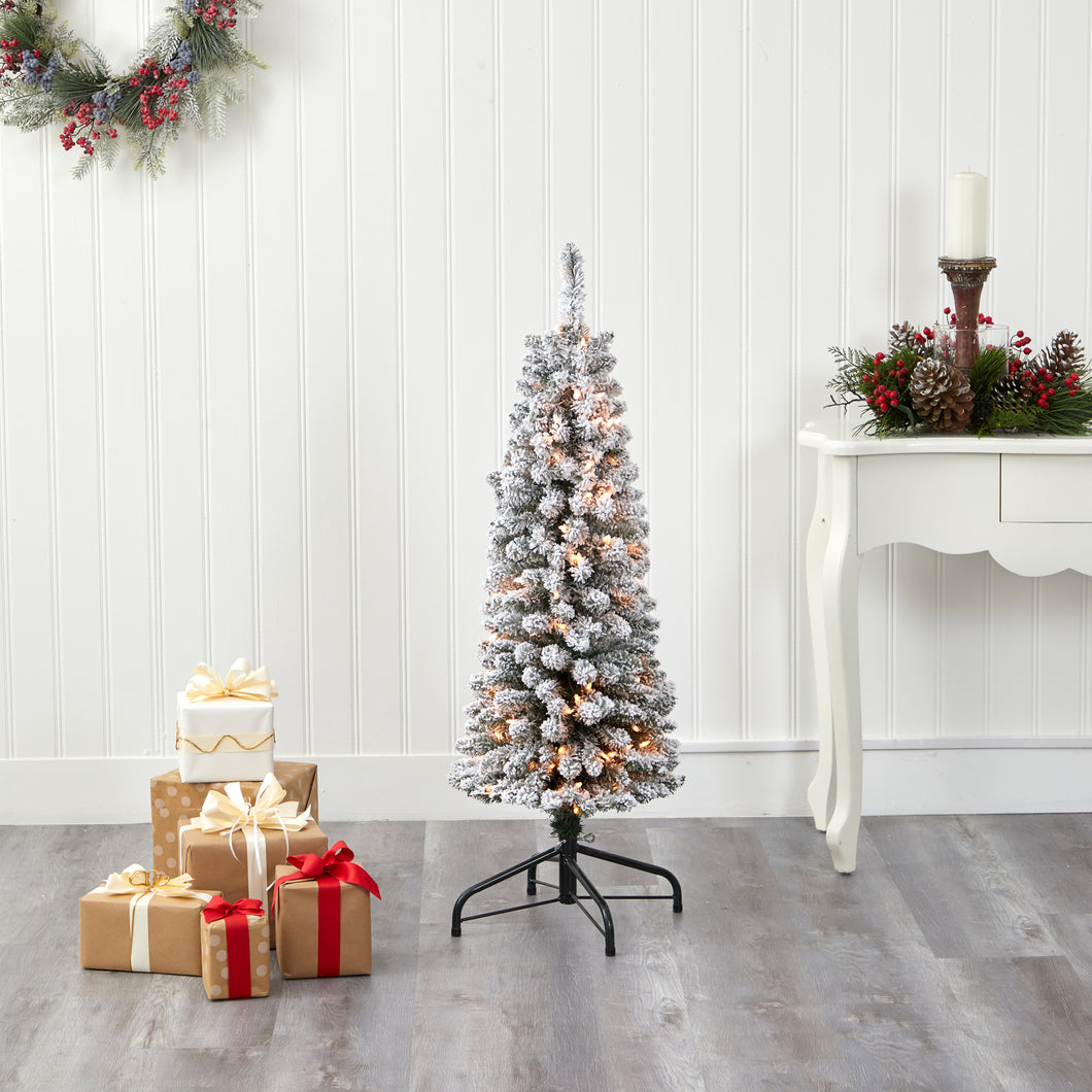 4' Flocked Pencil Artificial Christmas Tree w/ 100 Clear Lights & 216 Bendable