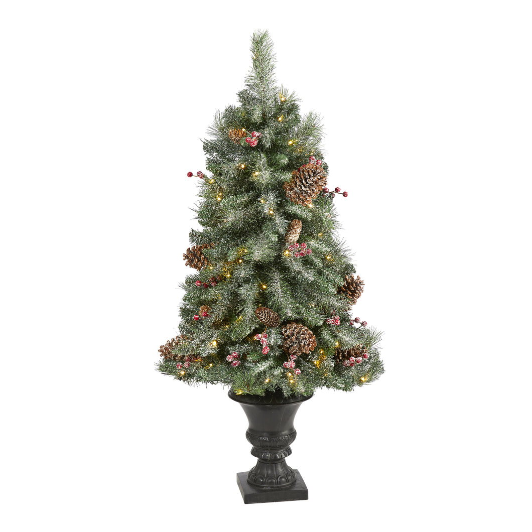 4' Frosted Pine, Pinecone & Berries Artificial Christmas Tree w/ 100 Clear LED