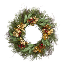 Load image into Gallery viewer, 20&quot; Cedar, Ruscus, Berries and Golden Eucalyptus Artificial Wreath
