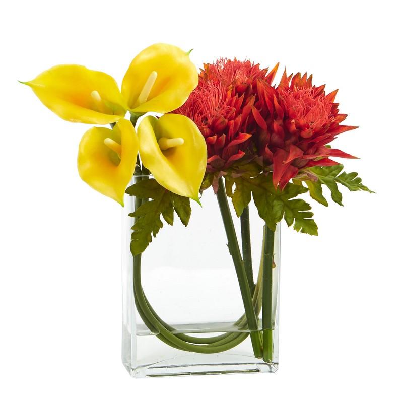 12'' Calla Lily and Artichoke in Rectangular Glass Vase Artificial Arrangement
