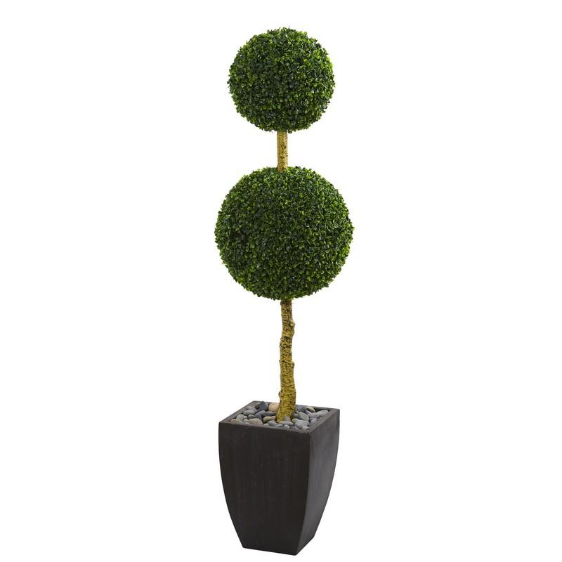 5' Double Ball Boxwood Topiary in Black Wash Planter UV Resistant