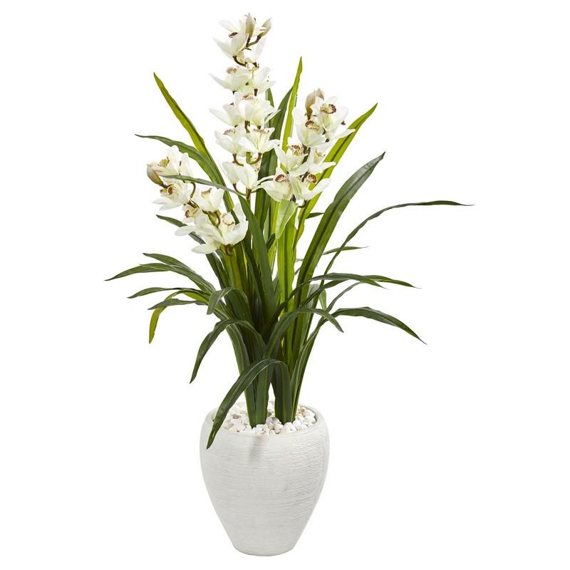 4' Cymbidium Orchid Artificial Plant in White Planter