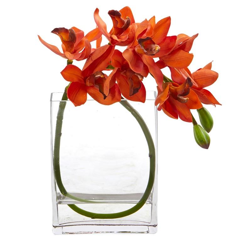 Cymbidium Orchid Artificial in Glass Vase