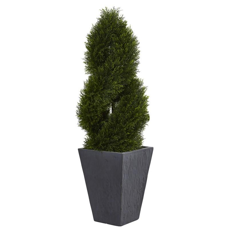 4' Cypress Double Spiral Topiary Artificial Tree in Slate Planter UV Resistant